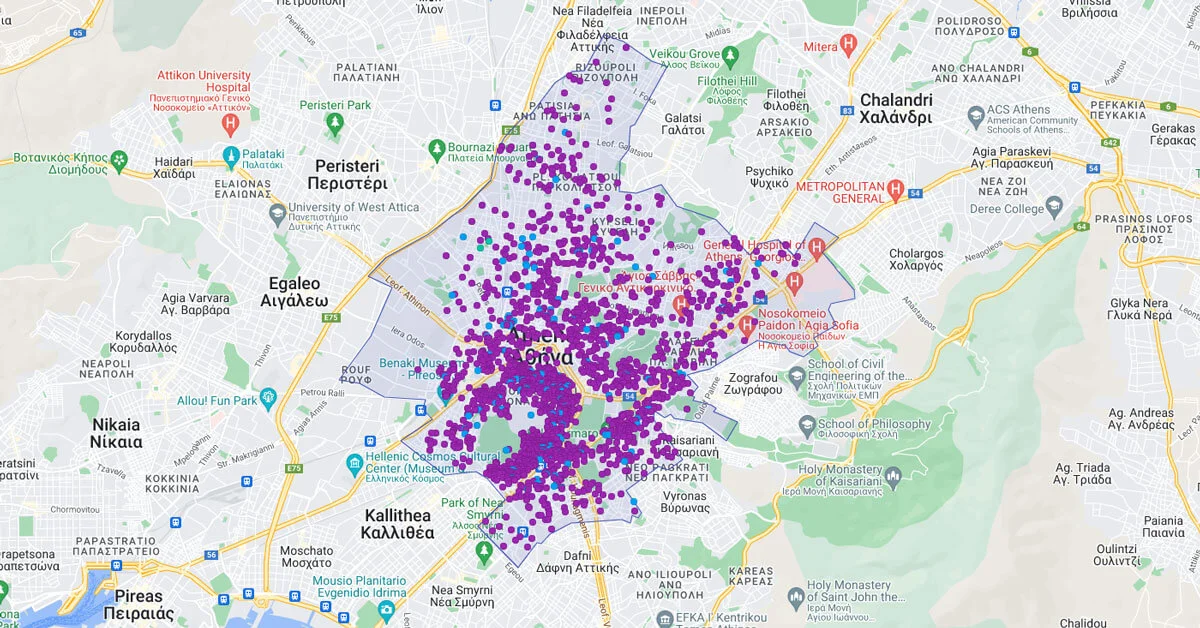 Map of Airbnb houses in Athens city center