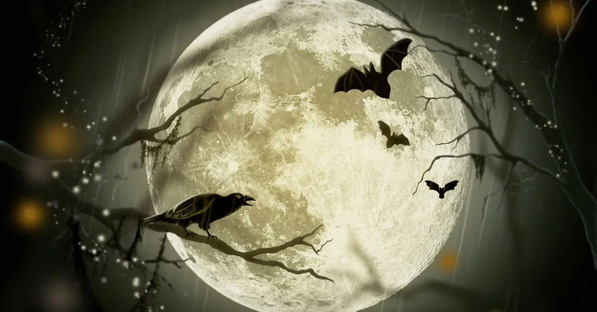 Scary escape rooms in Athens: crows in front of the full moon