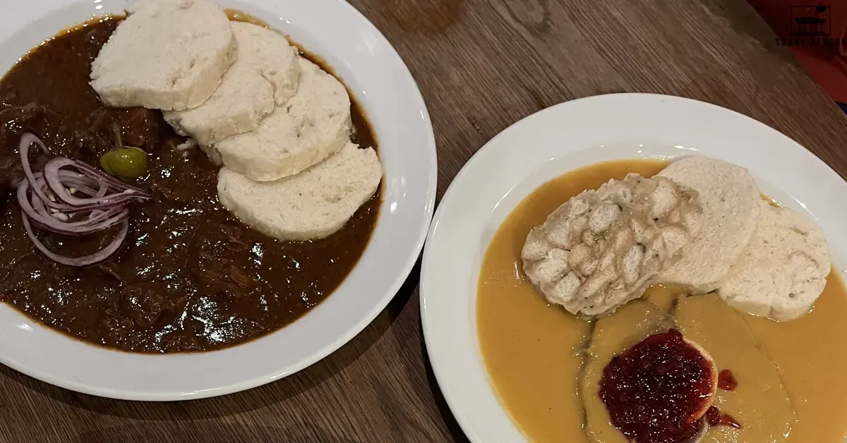 Traditional Czech food: Svíčková and Bohemian goulash