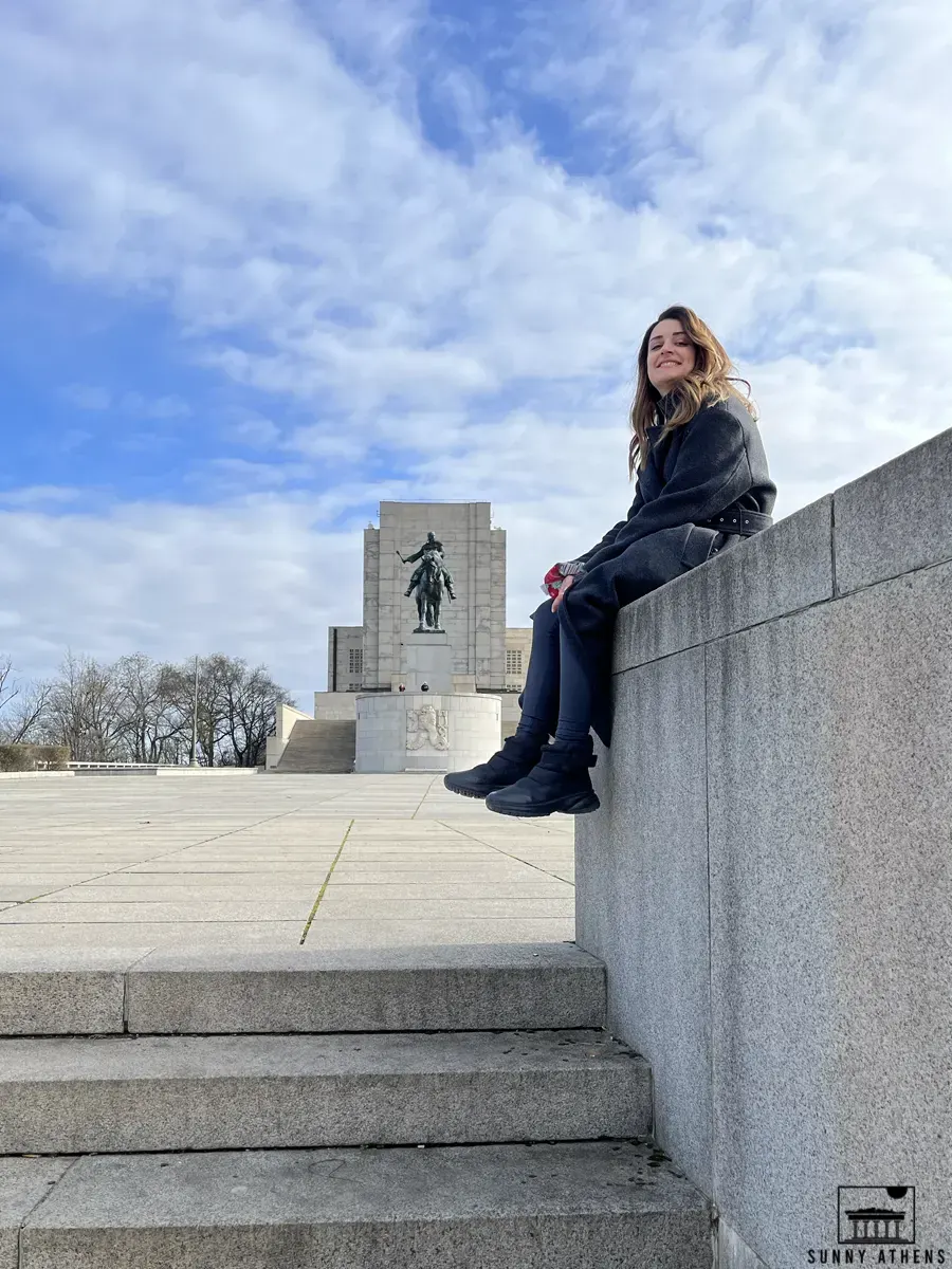 Chrysavgi in front of the National Memorial on Vítkov Hill