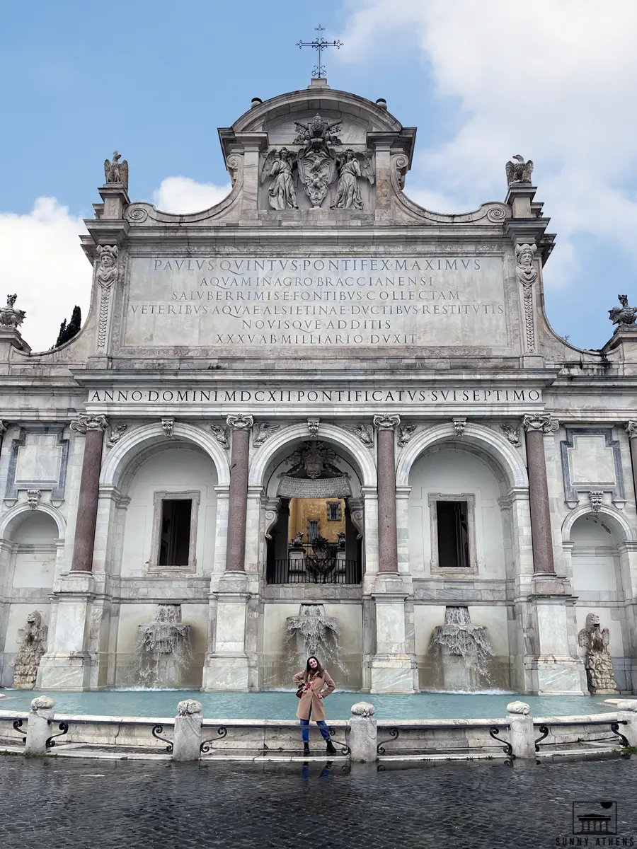 3 Days in Rome Itinerary: Chrysavgi in front of the Fontana dell'Acqua Paola.