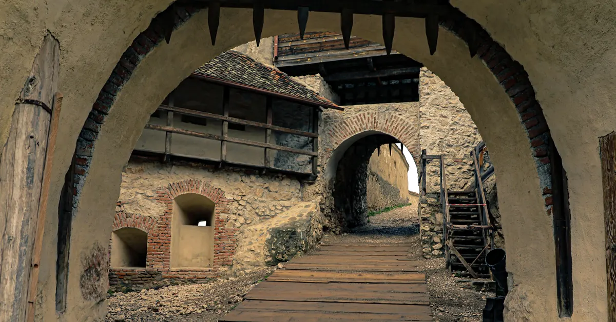 A gate of the Rasnov Fortress leading to an uphill route.