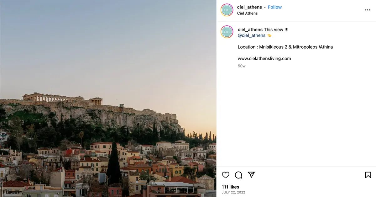 A stunning view of the Acropolis from the rooftop of Ciel Athens.