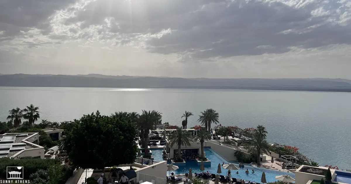 Panoramic view of the Dead Sea as seen from the Hilton Dead Sea Resort & Spa.