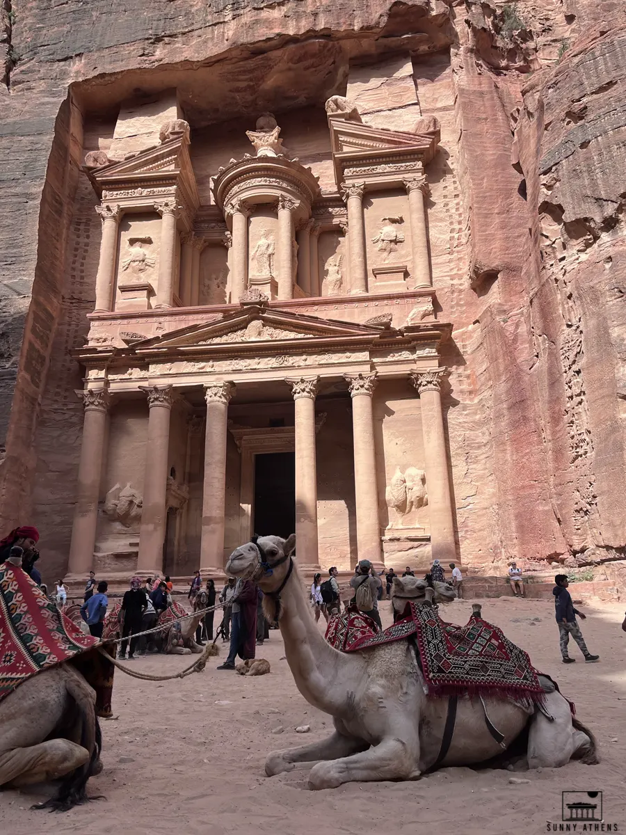 7 Days in Jordan Itinerary: chanting camels in front of the Treasury in Petra.