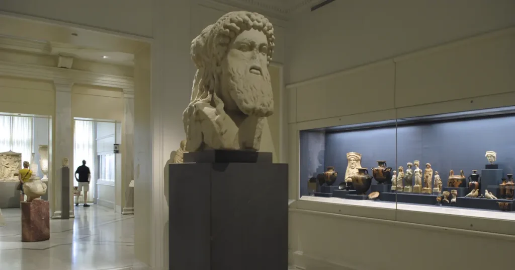 An ancient figure's bust from the gallery of Benaki Museum in Athens.