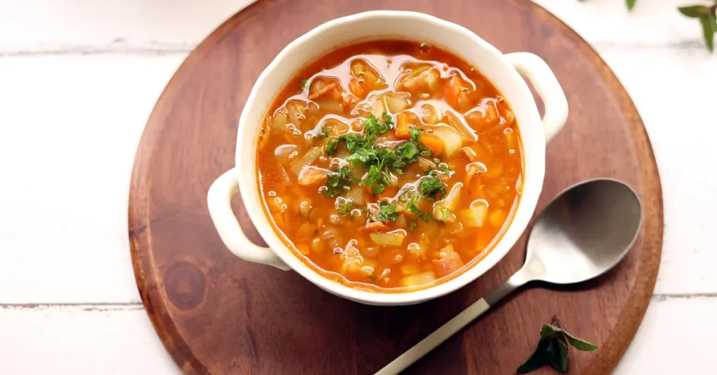 A dish of bean soup garnished with fresh herbs, served in a white bowl