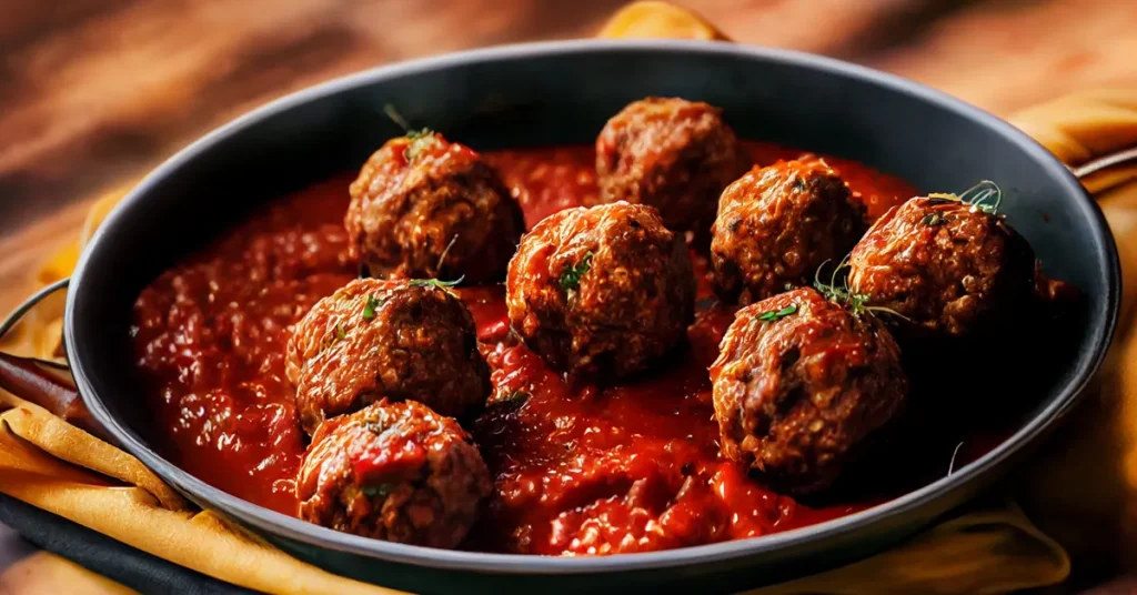 A bowl of the traditional Greek dish soutzoukakia, which are spiced meatballs in tomato sauce.