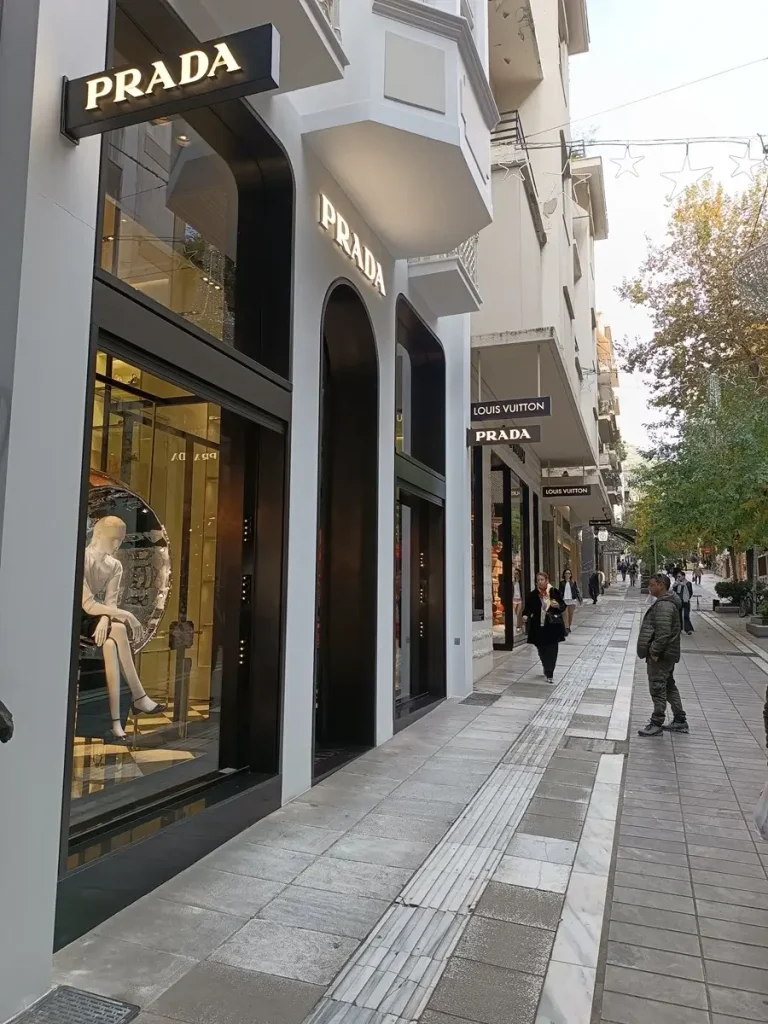 Local markets in Athens: a commercial street in Kolonaki market, full of luxurious brands like Prada and Louis Vuitton.