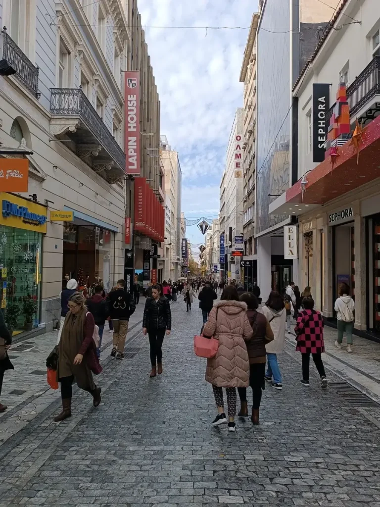 Ermou, the main commercial pedestrian road of local markets in Athens. 