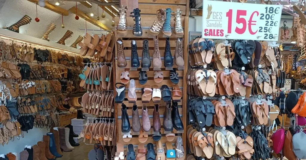 A sandals shoes store at Pandrossou street in Monastiraki flea market. Sandals are widely sold in the local markets of Athens.