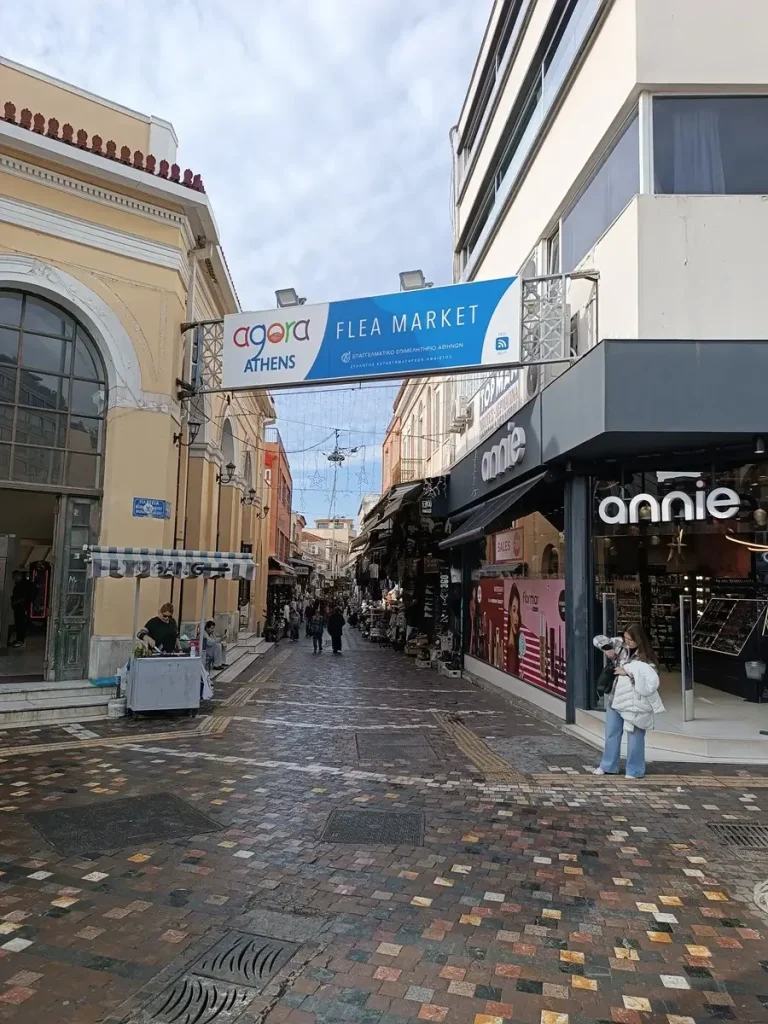 The sign of the Athens Flea Market at Monastiraki square, one of the most popular local markets.