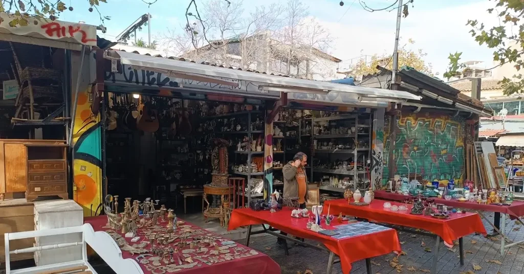 Street vendors in Avissinias square at Monastiraki Flea Market.