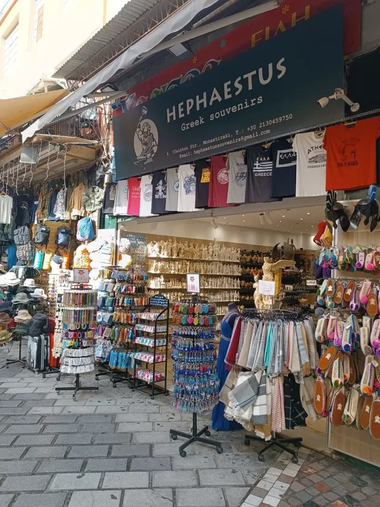 Store with greek souvenirs at Ifestou road in the flea market of Monastiraki.