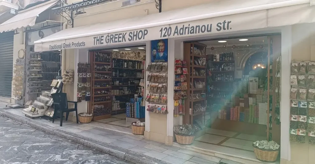 Souvenirs and traditional Greek products exhibitioned in a store in Plaka, one of Athens local markets.