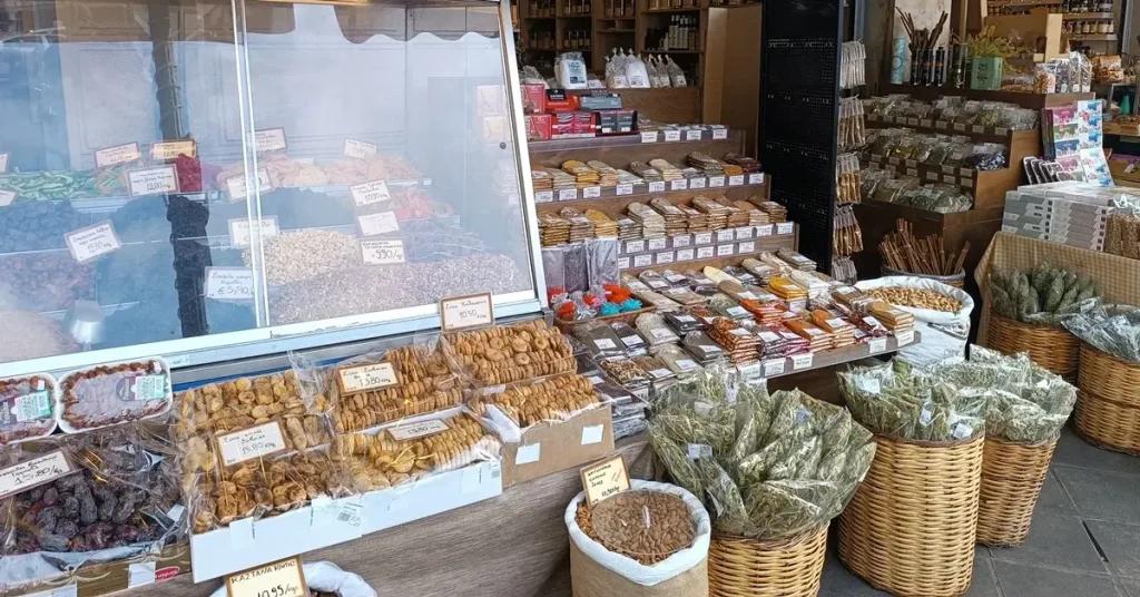 A store with herbs and nuts in Athens Food Market