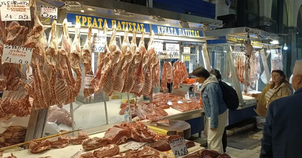 Fresh meat sold in the local market of Athens called Varvakios.