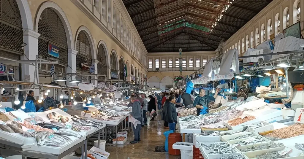 A view of Athens Fish Market with locals doing their shopping.