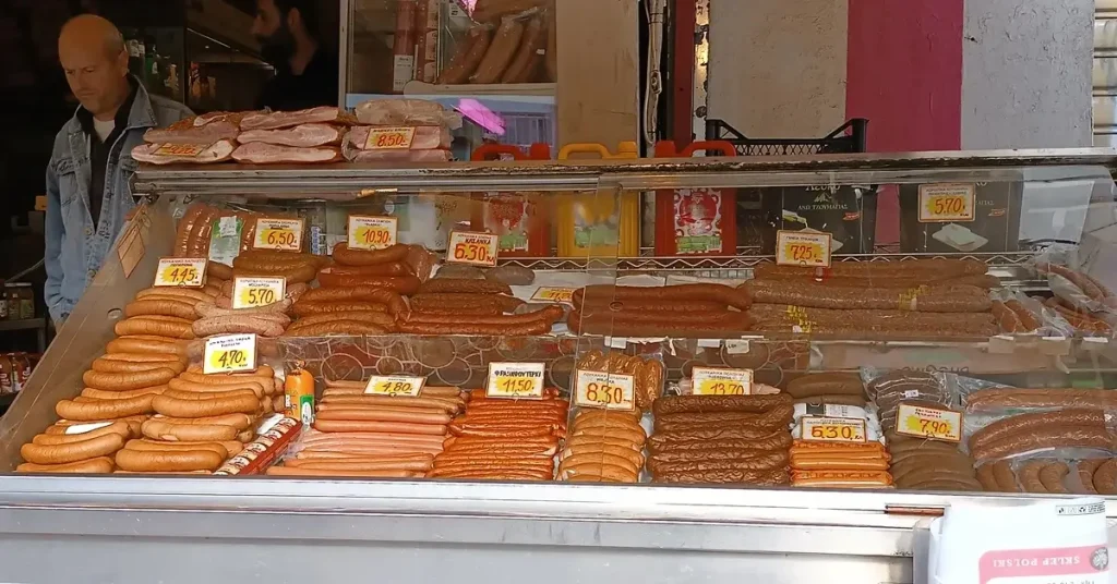 Deli meats and saugages sold in Athens Food Market.