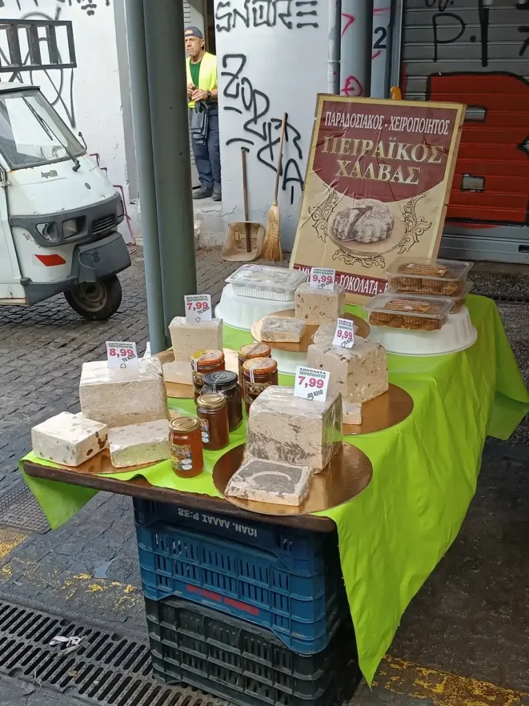 Halvas, the traditional greek vegan sweet, in Athens Food Market.