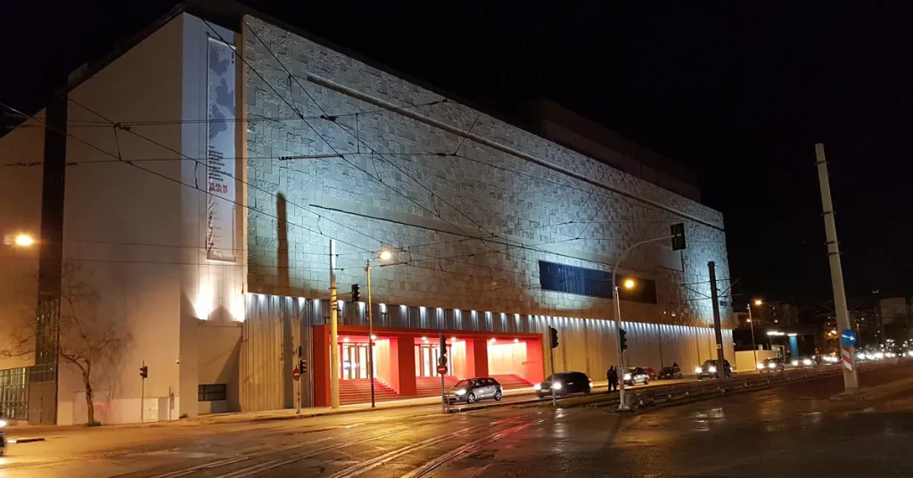 Winter in Athens: National Museum of Contemporary Art building illuminated at night.