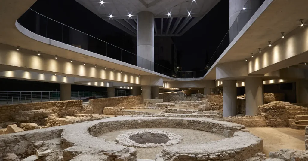 Winter in Athens: view of the Acropolis Museum's archaeological excavation site with visible ruins everywhere.