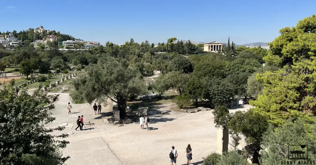 Scenic view of the Ancient Agora of Athens, with the Temple of Hephaestus and Pnyka in the background.