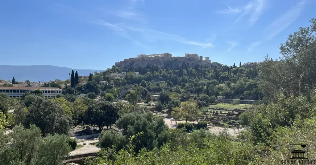 Panoramic view of the Ancient Agora of Athens with the Acropolis hill in the background.