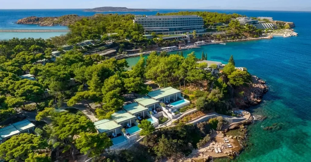 View to the whole resort of Four Seasons Astir Palace hotel in Vouliagmeni, Athens