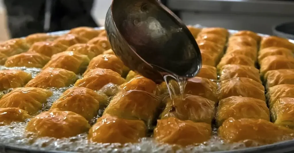 Putting the delicious syrup in baklava.