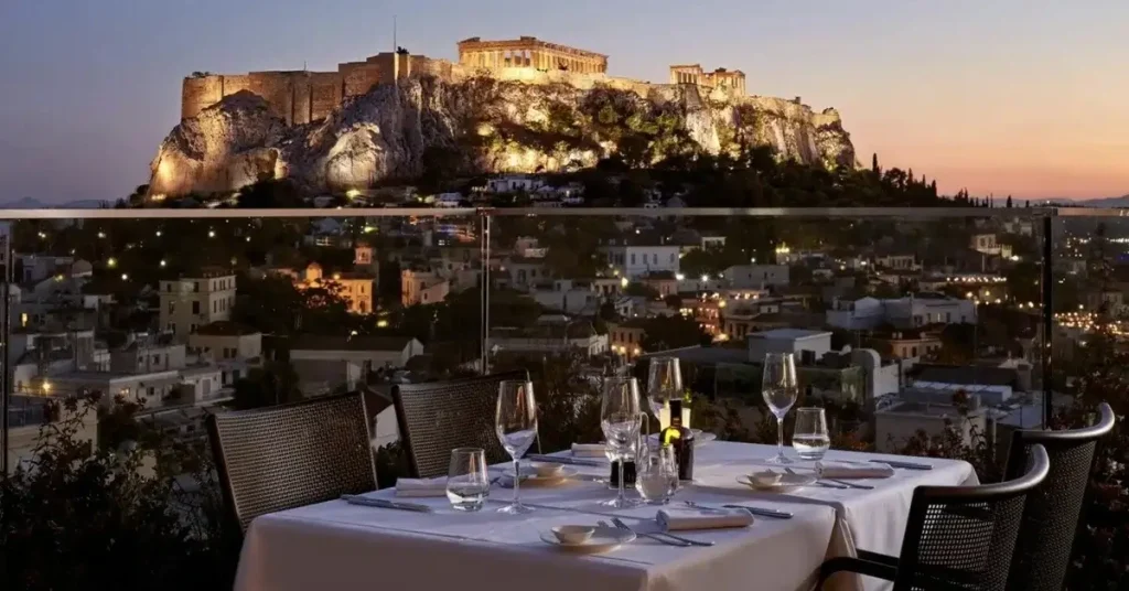 The amazing roof garden of Electra Metropolis hotel viewing Acropolis Athens