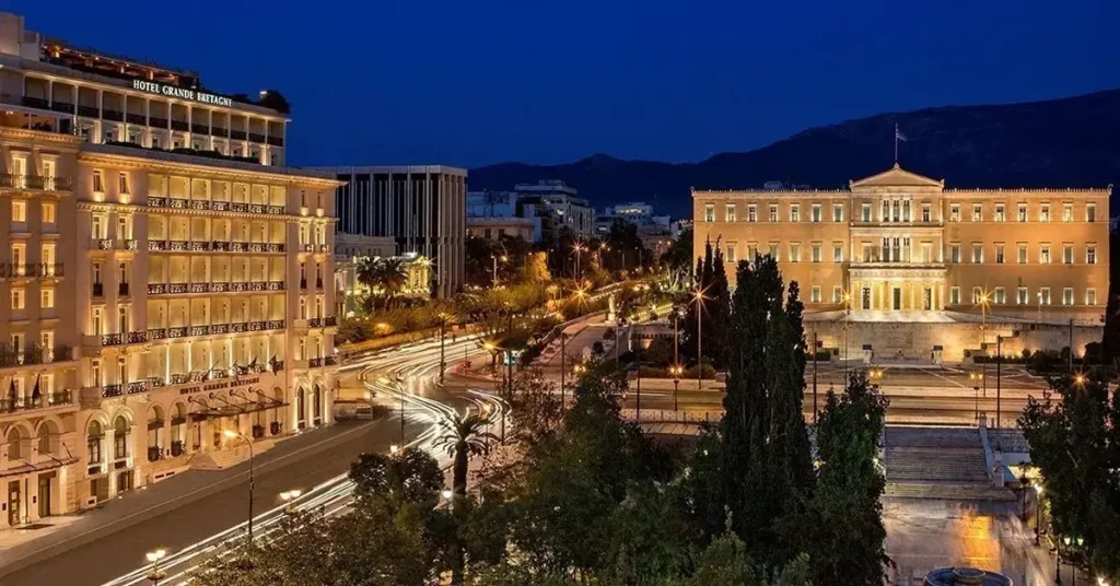 The outside view of Grande Bretagne hotel in Athens near Syntagma square