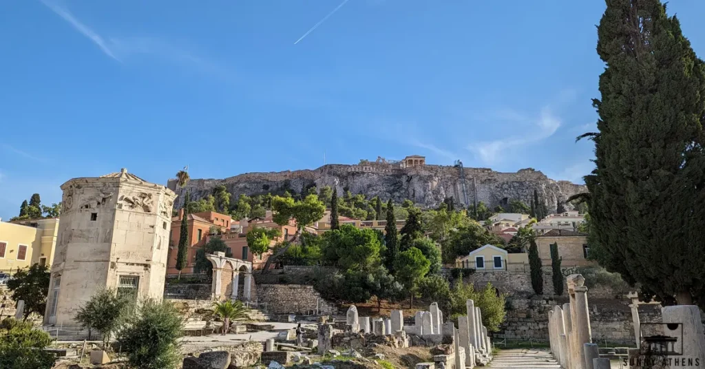 View of the Athens' Roman Agora, with the Tower of the Winds at left, and the Acropolis in the background.