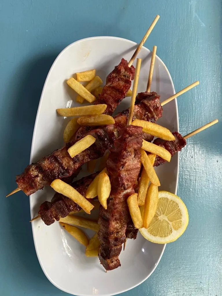 Souvlaki kalamaki with french fries in Athens.