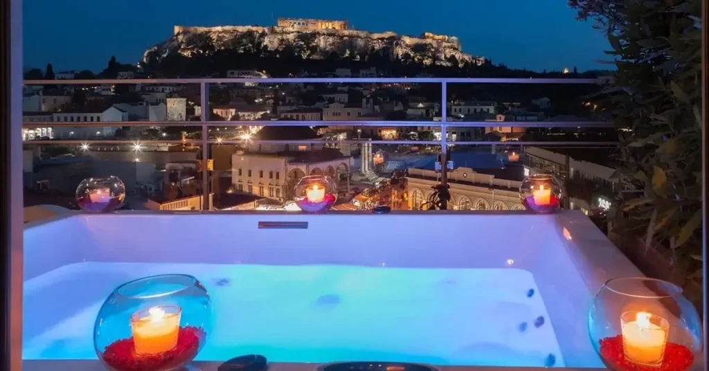 The jacuzzi of A for Athens hotel with the great view at Acropolis.