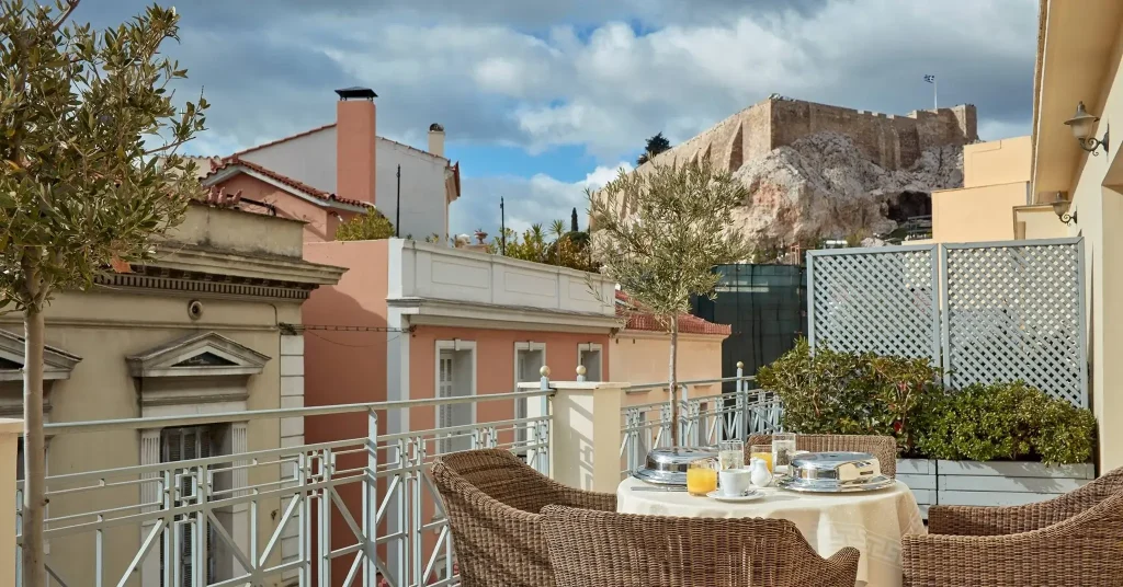 The great view at Acropolis from the balcony of the suite of Ava Boutique hotel in Plaka Athens