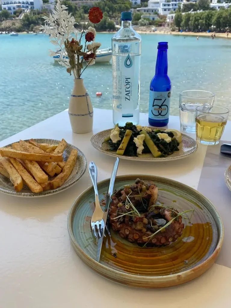 French fries, green salad, a bottle of water, glasses with beer, and octopus served at Gialos restaurant in Paros, with the sea in the background.