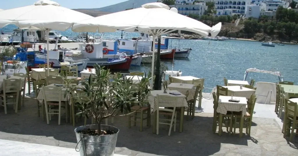 Ouzeri Halaris, a traditional seafood restaurant in the small port of Piso Livadi in Paros Greece.