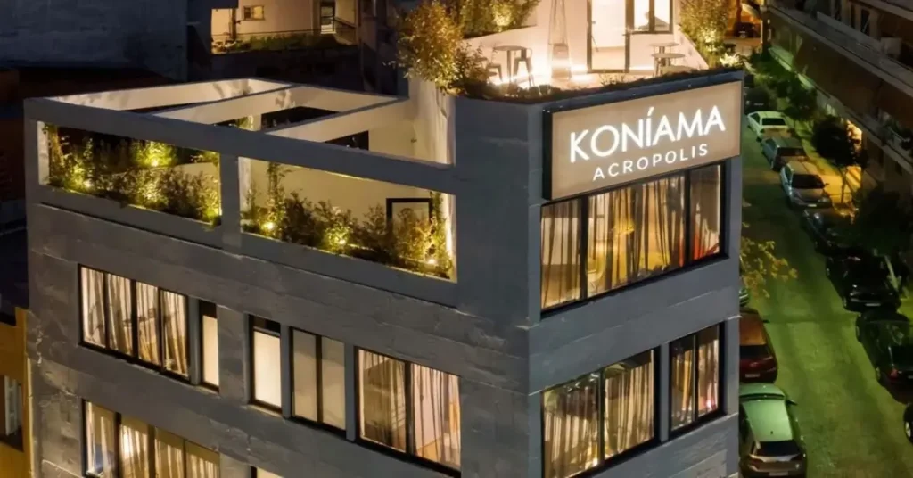 The facade of Koniama Acropolis boutique hotel in Athens