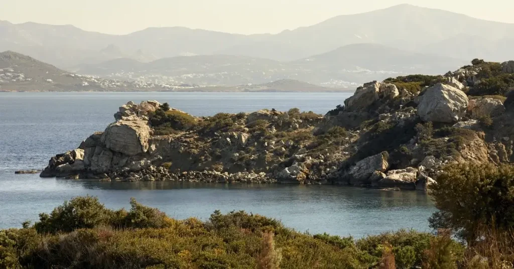 The rocky and sea view of Parocks Hotel in Paros Greece.