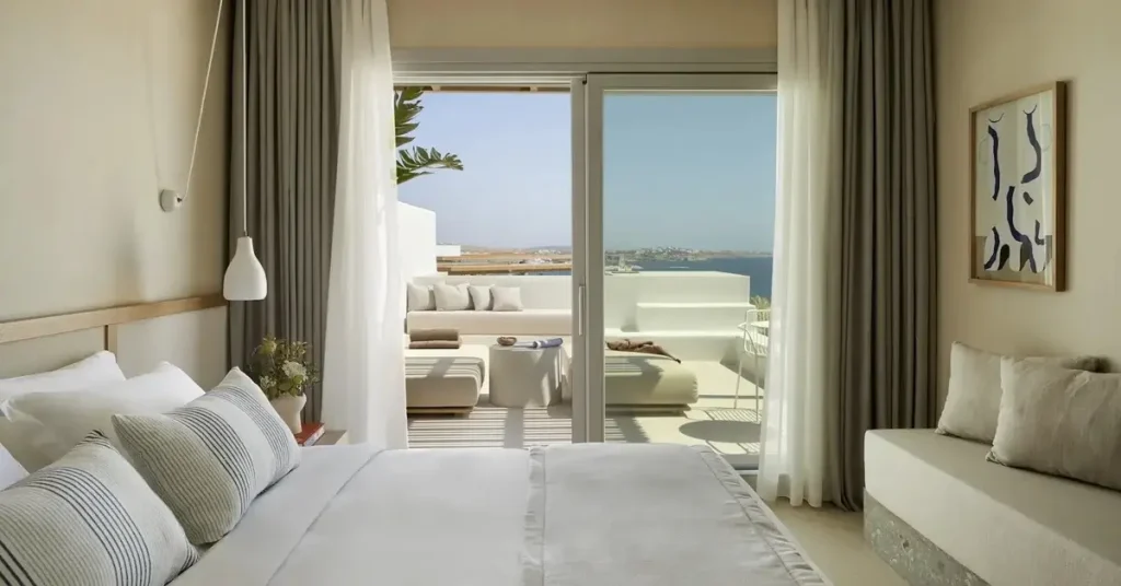 An elegant room with sea view at Parocks Hotel in Paros Greece.