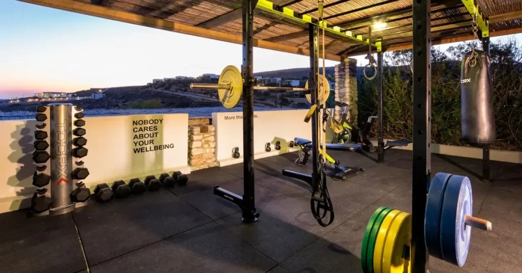 A gym with sea view at Paros Agnanti Luxury hotel in Paros Greece