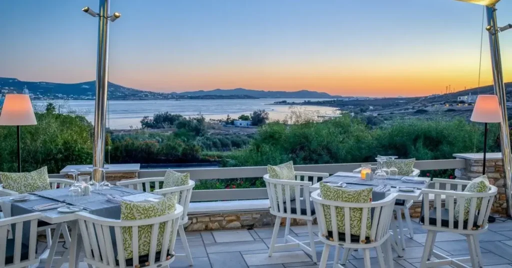 The amazing view from the restaurant of Paros Aganti Luxury Hotel in Paros.