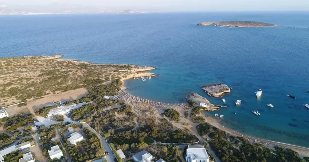 Aerial view of the coast of Mikri Santa Maria Beach in Paros Greece.