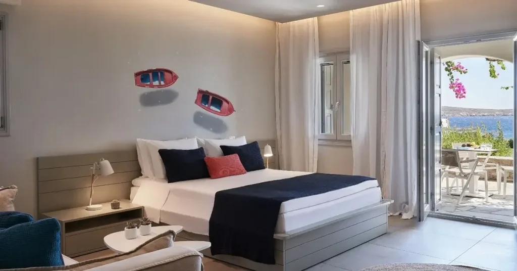 A fine decorated room in Poseidon of Paros Hotel & Spa.