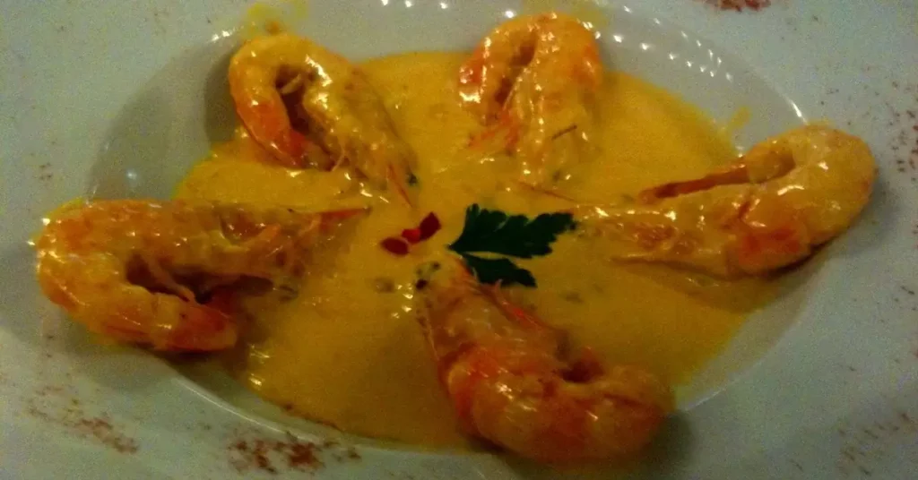 Shrimps with sauce from the menu of Sigi Ikthios restaurant in Paros Greece