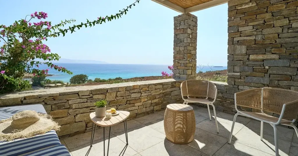 Panoramic sea view from the balcony of Summer Senses Luxury Hotel in Paros, Greece.