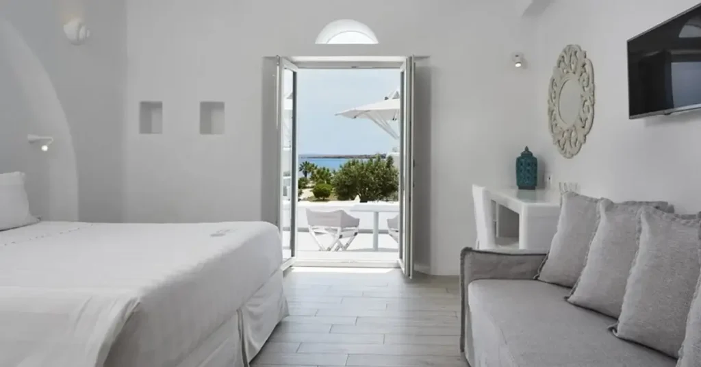 Room with sea view in White Dunes Luxury hotel Paros.