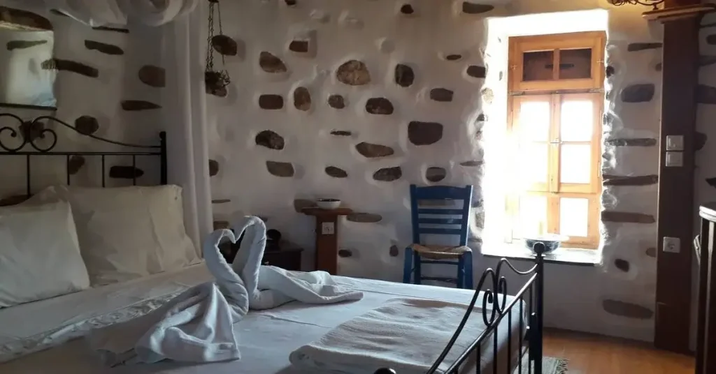 The bedroom of the windmill hotel in Paros.