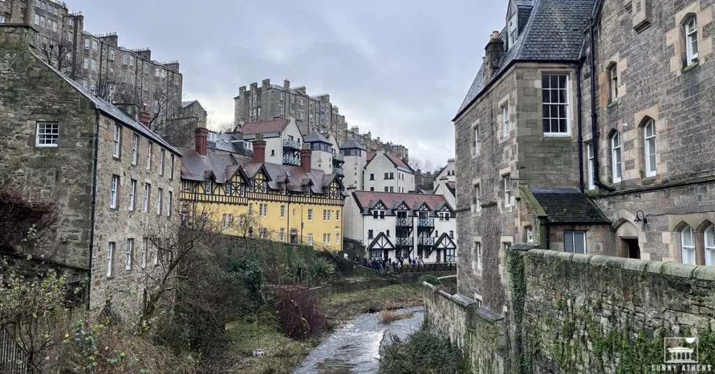 4 days in Edinburgh itinerary: Beautiful stone-built traditional homes by the river at Dean Village.